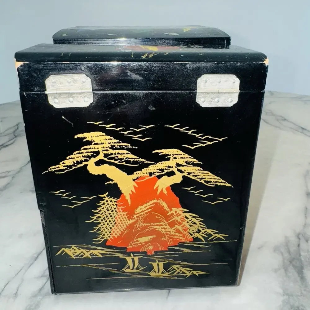 Vintage Jewelry Box Asian Music MOTION Geisha Mirror Japan Handpainted Works 13